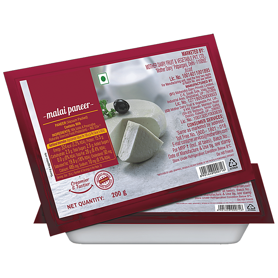 Mother Dairy Ultimate Malai Paneer - Fresh, High Protein, 200 G
