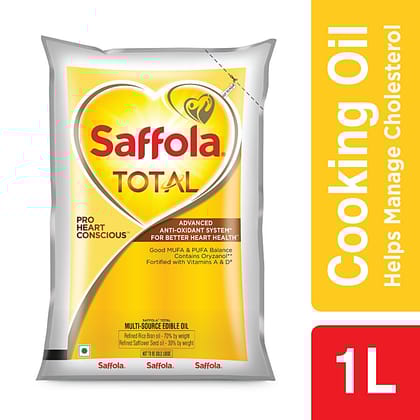 Saffola Total Refined Cooking Oil | Blended Rice Bran & Safflower Oil | Helps Manage Cholesterol, 1 L Pouch
