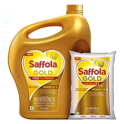 Saffola Gold Refined Cooking Oil, 5 L (Get 1 L Pouch Free)