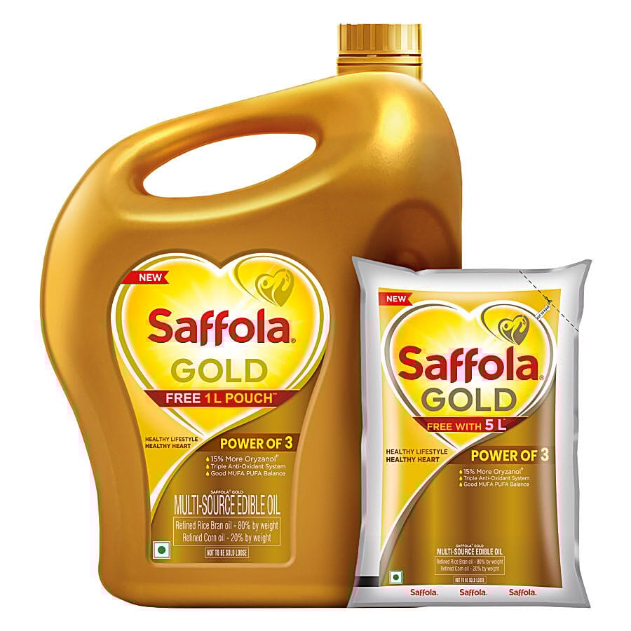 Saffola Gold Refined Cooking Oil, 5 L (Get 1 L Pouch Free)