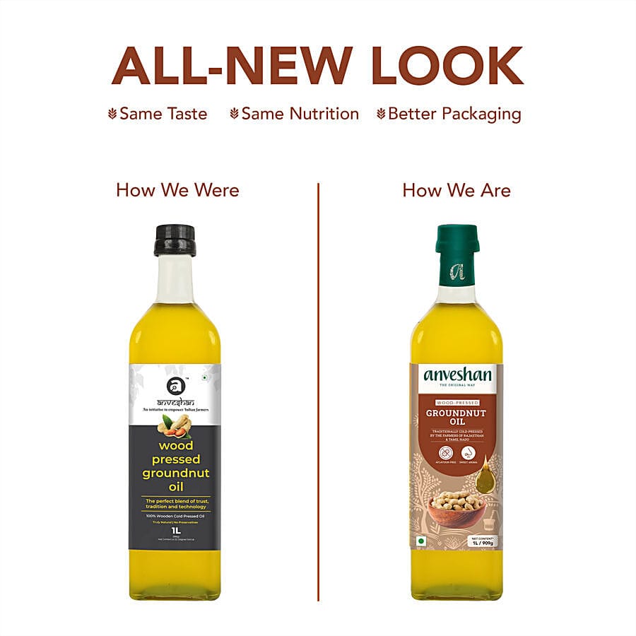 Anveshan Wood Cold Pressed Groundnut/Peanut Cooking Oil, 1 L Glass Bottle