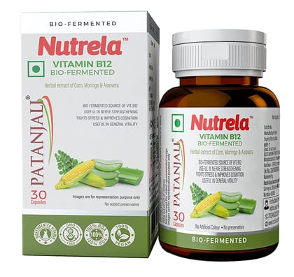 Patanjali Nutrela Vitamin B12 Biofermented Plant Based Supplement For Men & Women With Moringa And Alovera Extract - 30 Veg Capsules Pack Of 2 And One Key Ring