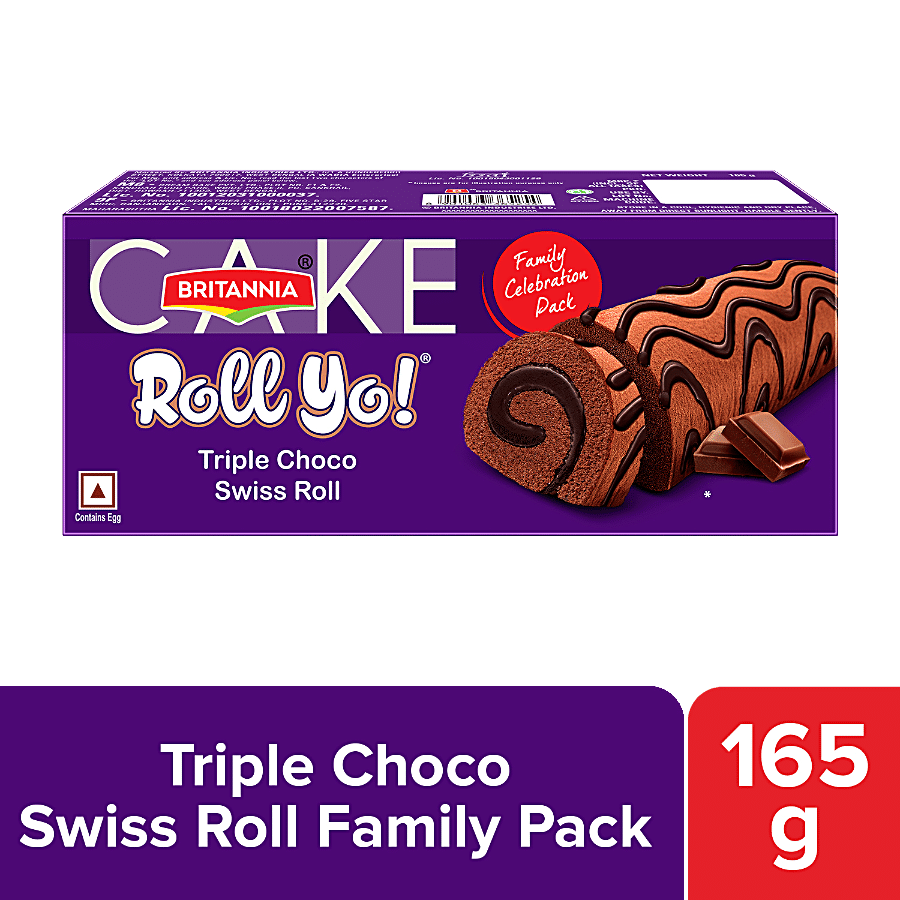 Britannia Cake Roll Yo - Triple Choco Swiss Roll Family Pack, Contains Egg, 165 G