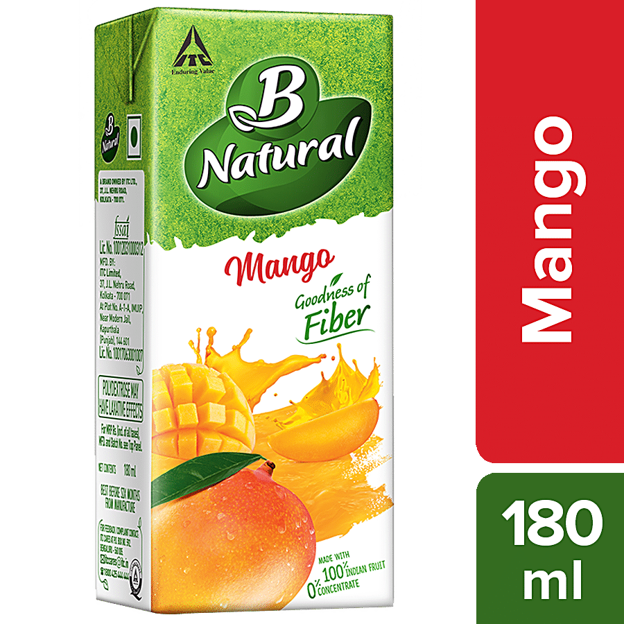 B Natural Mango Juice - Rich In Fibre, Vit C & E, 100% Fruit Pulp & 0% Concentrate, 180 Ml Carton
