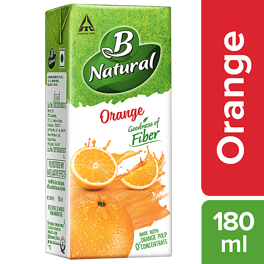 B Natural Orange Juice - Rich In Fibre, Vitamin C & E, 100% Indian Fruit & 0% Concentrate, 180 ml Carton