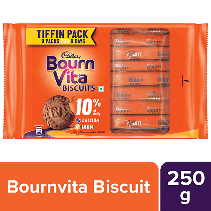 Cadbury Bournvita Biscuits, Tiffin Pack, 250 g (9 pcs x 27.78 g each)