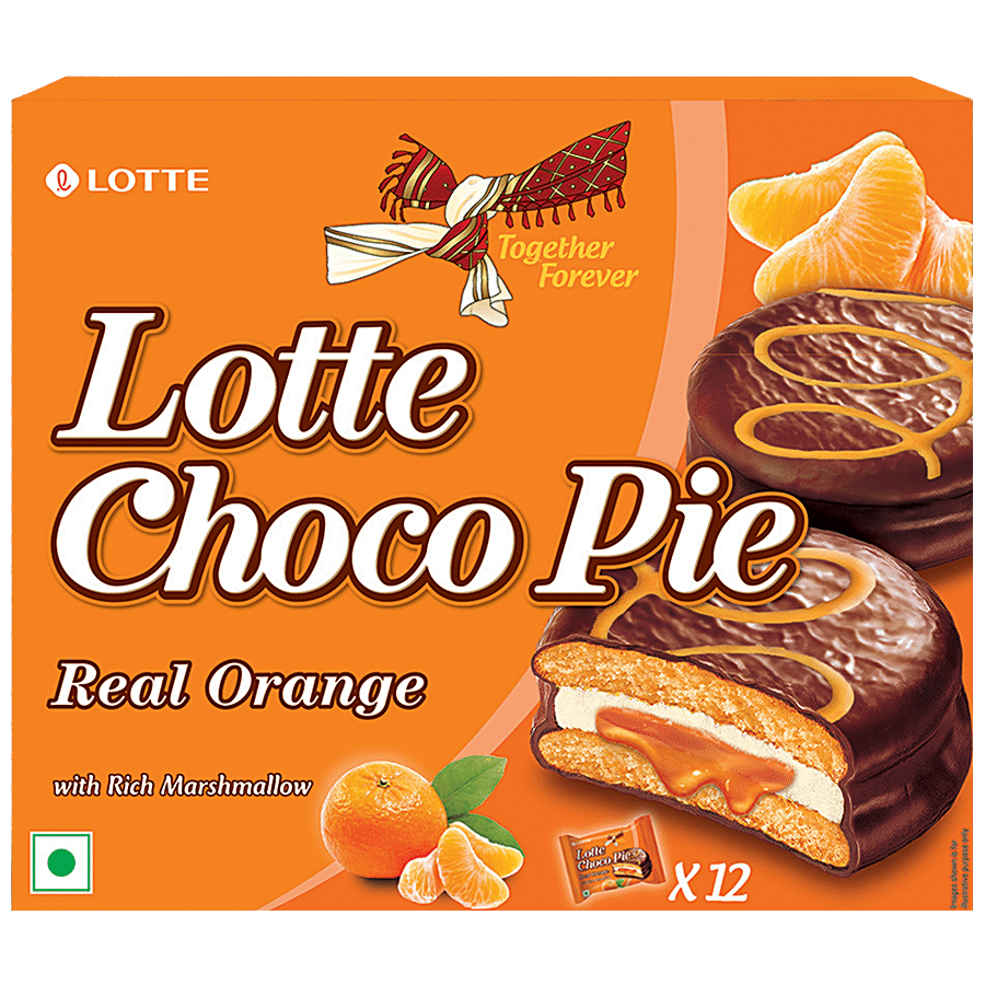 Lotte Choco Pie - Real Orange, With Rich Marshmallow, 28 G (Pack Of 12)