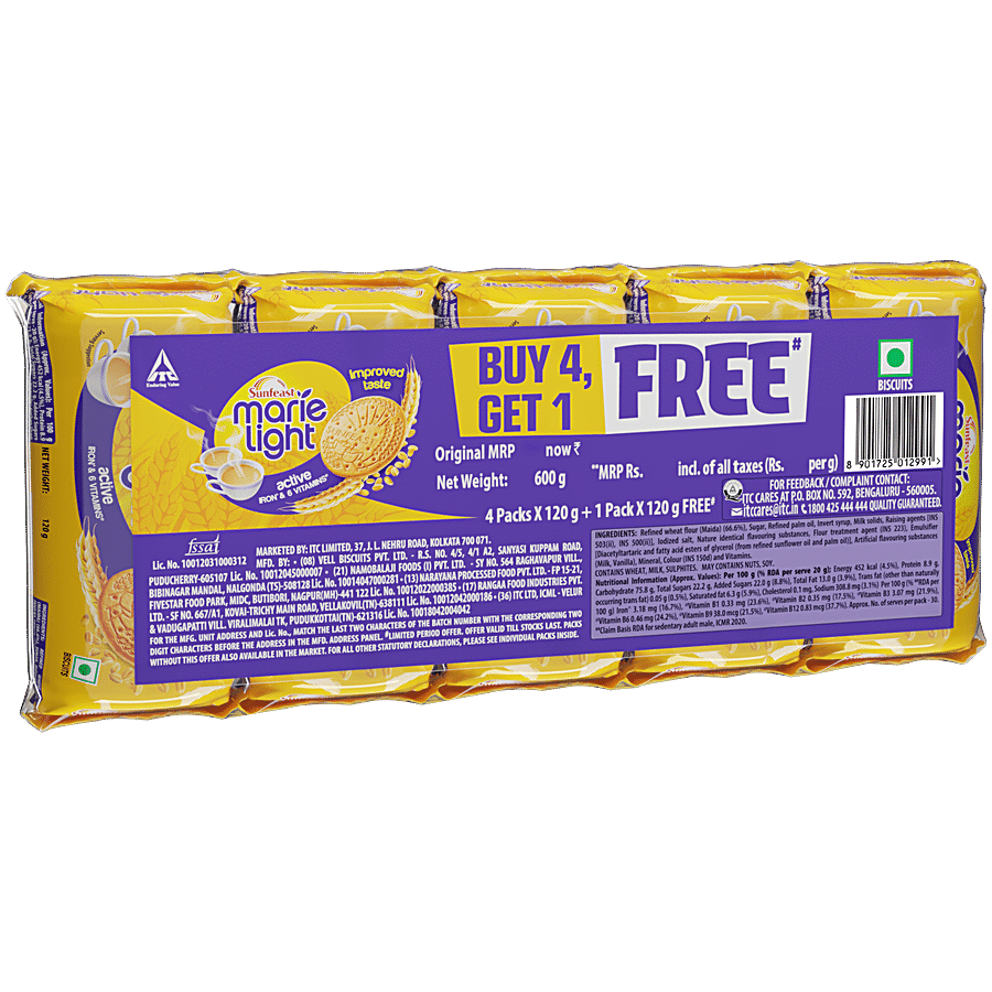 Sunfeast Marie Light Active Biscuits - With Iron & 6 Vitamins, Tea Time Partner, 120 G (Buy 4 Get 1 Free)