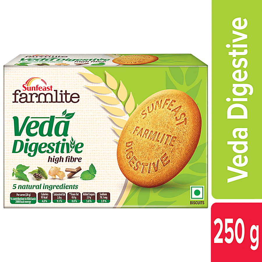 Sunfeast Farmlite Veda Digestive Biscuit - High Fibre, Goodness Of 5 Natural Ingredients & Wheat Fibre, 250 G Carton