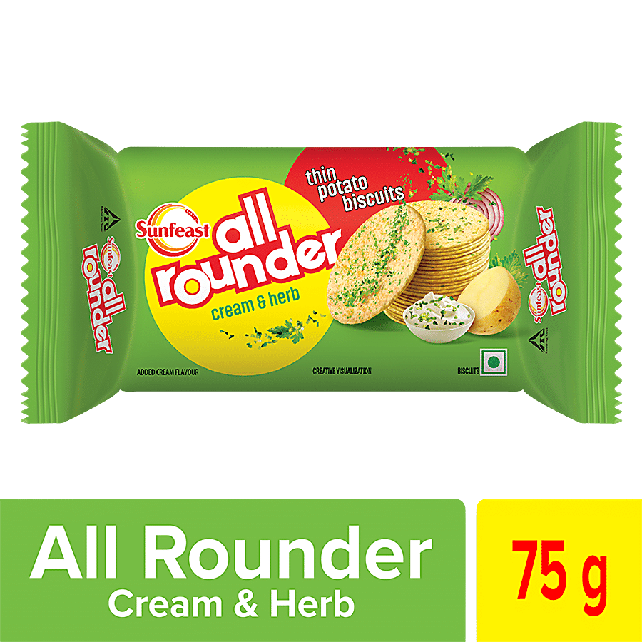 Sunfeast All Rounder - Thin, Light & Crunchy Potato Biscuit With Cream & Herb Flavour, 75 G Pouch