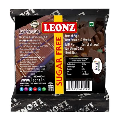 Leonz Cooking Chocolate Bar- Dark Sugar Free Chocolate Bars For Baking Chocolate, Cake,Cookies And Muffins,250Gms (Pack Of 1)