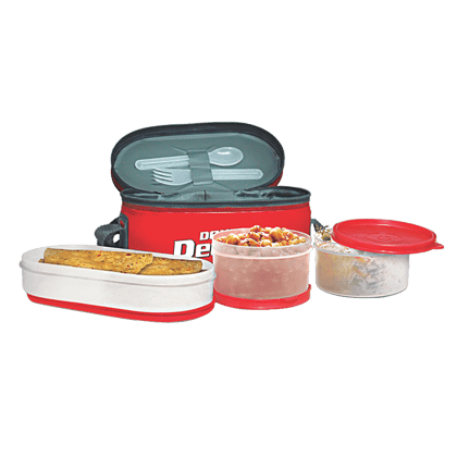 Milton Double Decker Plastic Lunch/Tiffin Box With Containers & Cover - Red, 5 Pcs