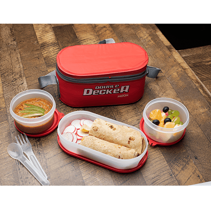 Milton Double Decker Plastic Lunch/Tiffin Box With Containers & Cover - Red, 5 Pcs
