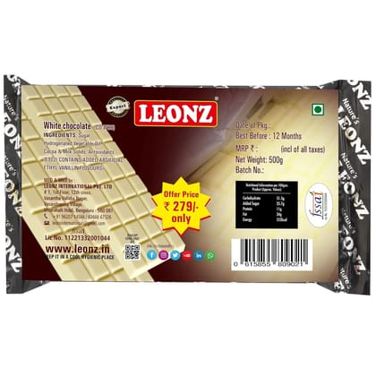 Leonz Cooking Chocolate Bar- White Chocolate Bars For Baking Chocolate, Cake,Cookies And Muffins, 500Gms (Pack Of 1)