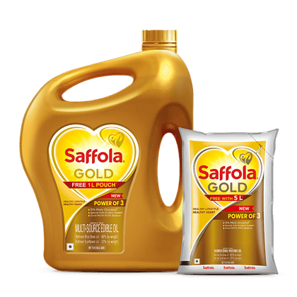 Saffola Gold Refined Cooking Oil Blended Rice Bran & Sunflower Oil Helps Keeps Heart Healthy, 5 L + 1 L