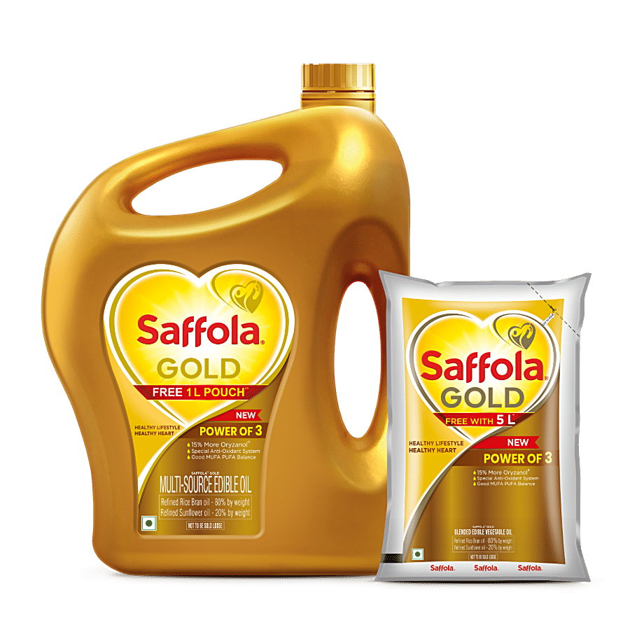 Saffola Gold Refined Cooking Oil Blended Rice Bran & Sunflower Oil Helps Keeps Heart Healthy, 5 L + 1 L