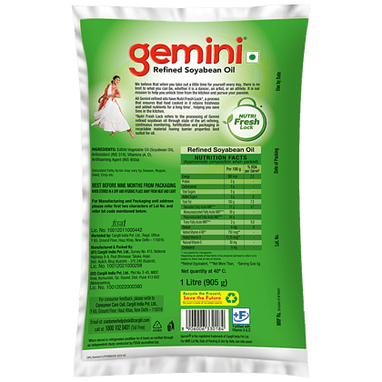 Gemini Refined Soyabean Oil With Nutri-V, 1 L Pouch