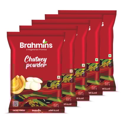 Brahmins Chutney Powder A Vegetarian Promise| Instant Chutney Podi with Black Gram, Chilly, & Rice Powder| 100% Vegetarian| 100g x 5| 500 gms