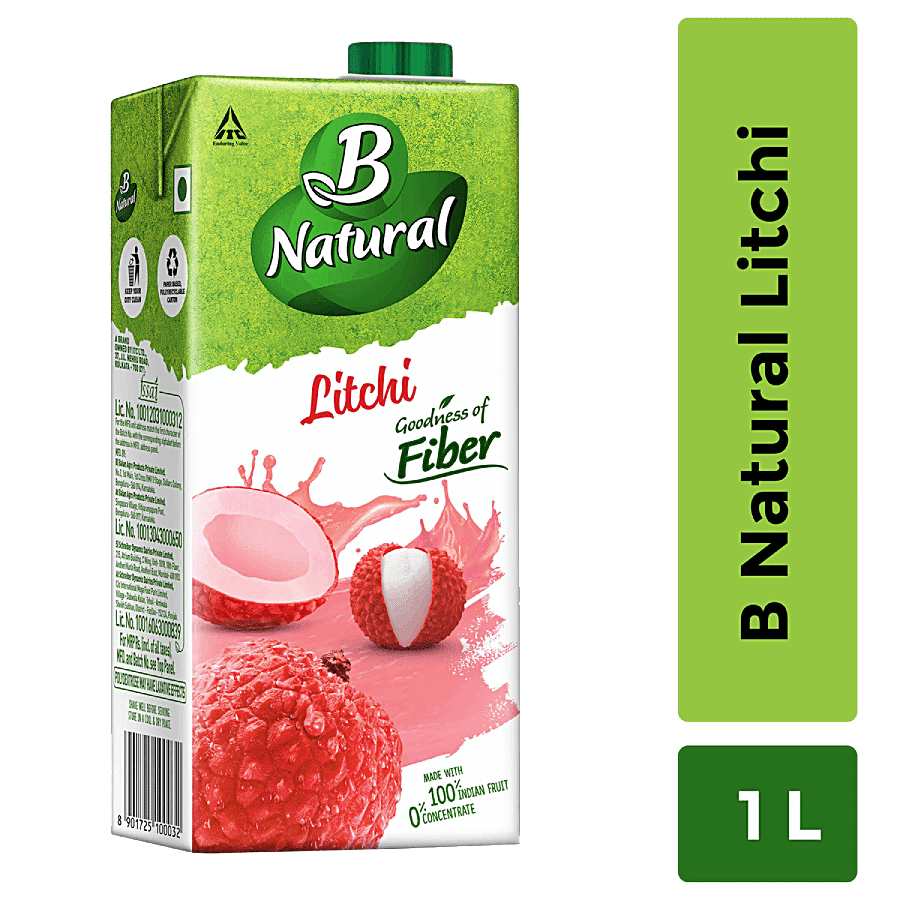 B Natural Litchi Juice, Rich In Fibre, Vitamin C & E, 100% Fruit Pulp & 0% Concentrate, 1 L Carton