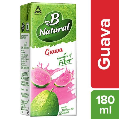 B Natural Guava Juice, Richness Of Fibre, Vit C & E, 100% Fruit Pulp & 0% Concentrate, 180 Ml Carton