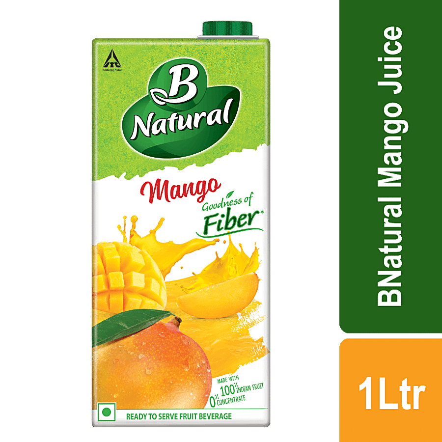 B Natural Mango Juice, Rich In Fibre, Vit C & E, 100% Fruit Pulp & 0% Concentrate, 1 L Carton