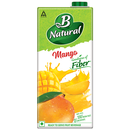 B Natural Mango Juice, Rich In Fibre, Vit C & E, 100% Fruit Pulp & 0% Concentrate, 1 L Carton