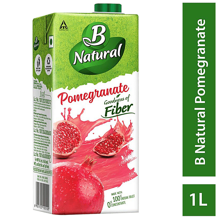 B Natural Pomegranate Juice, Rich In Fibre, Vitamin C & E, 100% Indian Fruit & 0% Concentrate, 1 L Carton