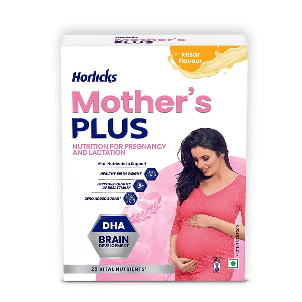 Horlicks Mother's Plus, Health Drink For Pregnancy & Lactation, Protein For Healthy Birth Weight, No Added Sugar, Kesar Flavour, Refill, 500G Powder