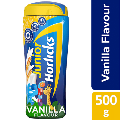 Horlicks Junior Health & Nutrition Drink, With Dha & Nutrients, For Growth, Vanilla Flavour, 500 G Jar