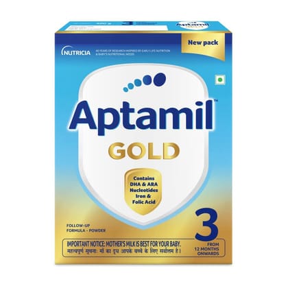 Aptamil Gold Follow Up Infant Formula Milk Powder For Babies, Stage 3 ( 12 Month Onwards ), 400Gm, Bib Pack