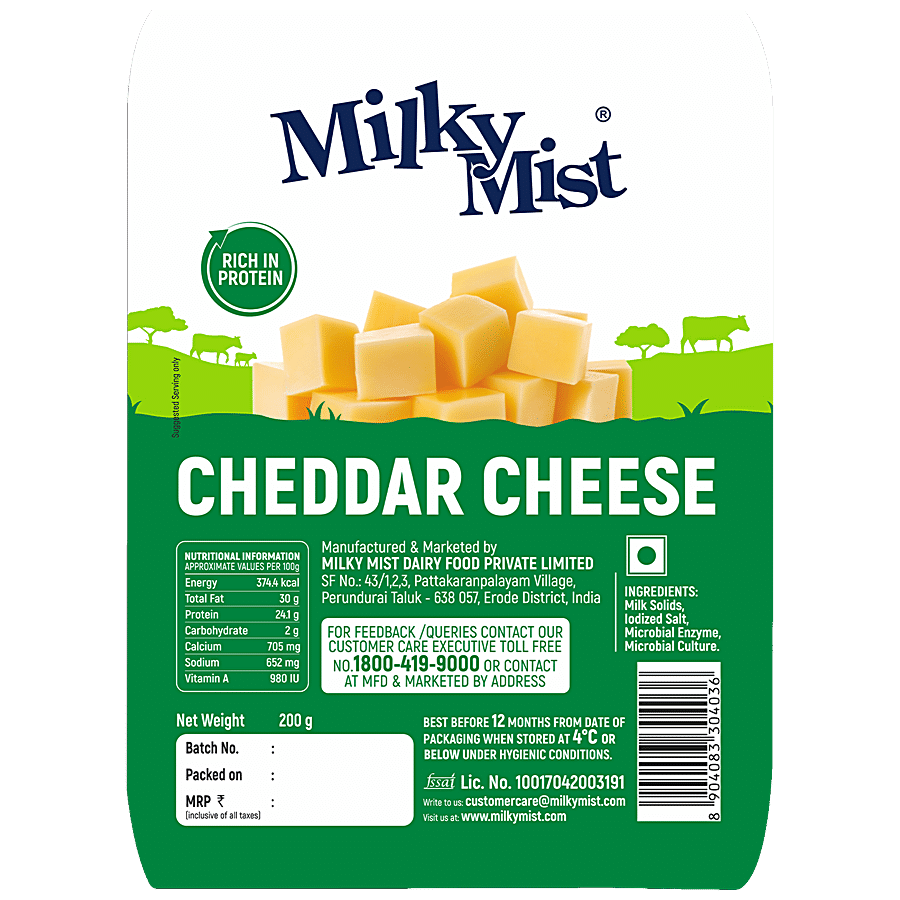 Milky Mist Cheddar Cheese, Rich In Protein & Calcium, Great For Gut Health, 200 G Pouch
