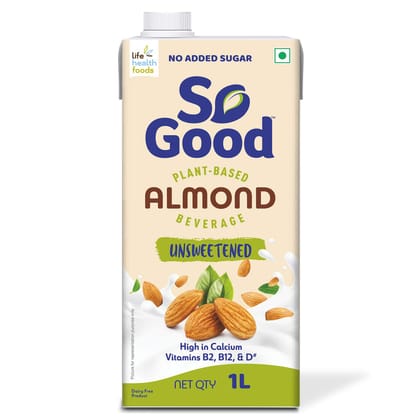 So Good Plant Based Almond Beverage Unsweetened 1 L, Lactose Free, No Added Sugar |Gluten Free, No Preservatives, Zero Cholesterol, Dairy Free, Source Of Calcium & Vitamins