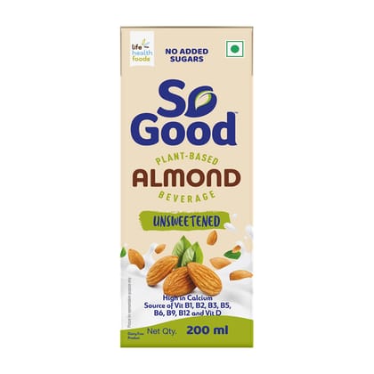 So Good Plant Based Almond Beverage Unsweetened 200 Ml |Lactose Free, No Added Sugar |Gluten Free, No Preservatives, Zero Cholesterol, Dairy Free, Source Of Calcium & Vitamins