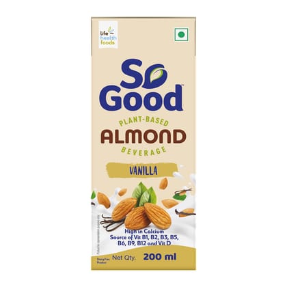So Good Plant Based Almond Beverage Vanilla 200 Ml, Lactose Free, Gluten Free, No Preservatives, Zero Cholesterol, Dairy Free, Source Of Calcium & Vitamins