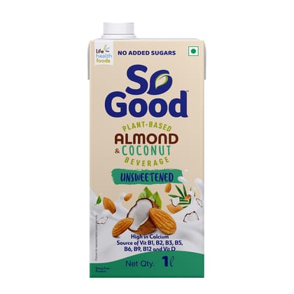 So Good Plant Based Almond Coconut Beverage Unsweetened 1 L |Lactose Free, No Added Sugar |Gluten Free, No Preservatives, Zero Cholesterol, Dairy Free, Source Of Calcium & Vitamins