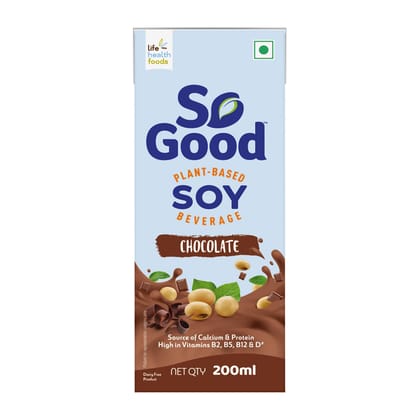 So Good Plant Based Soy Beverage Chocolate 200 Ml, Lactose Free, Gluten Free, No Preservatives, Zero Cholesterol, Dairy Free |Non Gmo Soybean, Source Of Calcium & Vitamins