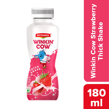 Britannia Winkin Cow Strawbericious Thick Milkshake, Sweet Fruity Flavour, Rich In Calcium, 180 Ml Pet Bottle