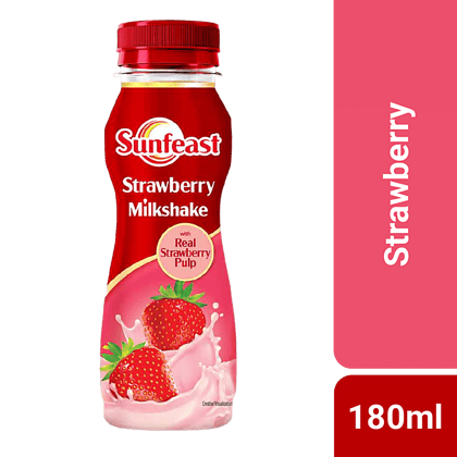 Sunfeast Strawberry Milkshake, Thick & Creamy, With Real Strawberry Pulp, 180 Ml Bottle