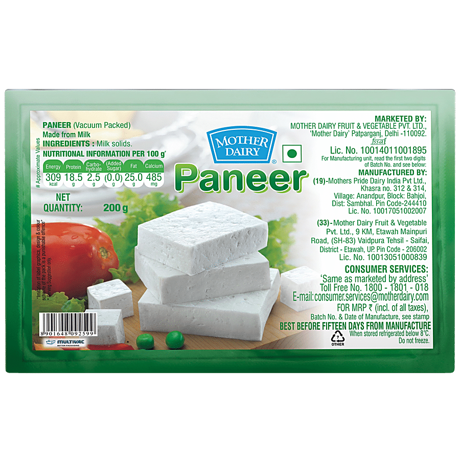 Mother Dairy Fresh Paneer, 200 G Pouch