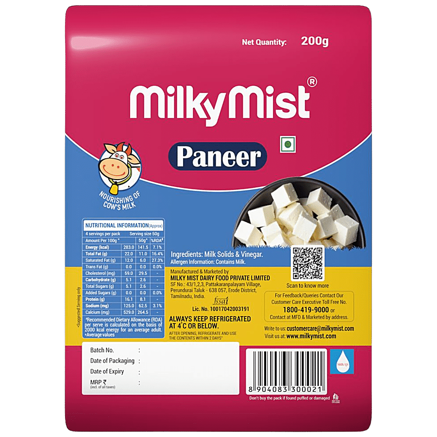 Milky Mist Paneer, Rich In Protein, Calcium, Excellent Taste, 200 G Pouch