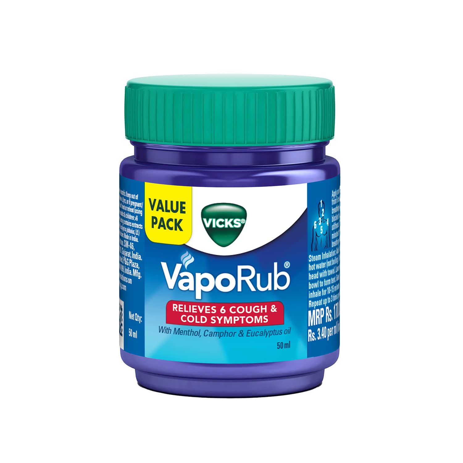 Vicks Vaporub, Relief From Cold, Cough, Blocked Nose, Headache, Body Ache, Muscular Stiffness And Breathing Difficulty, 50Ml