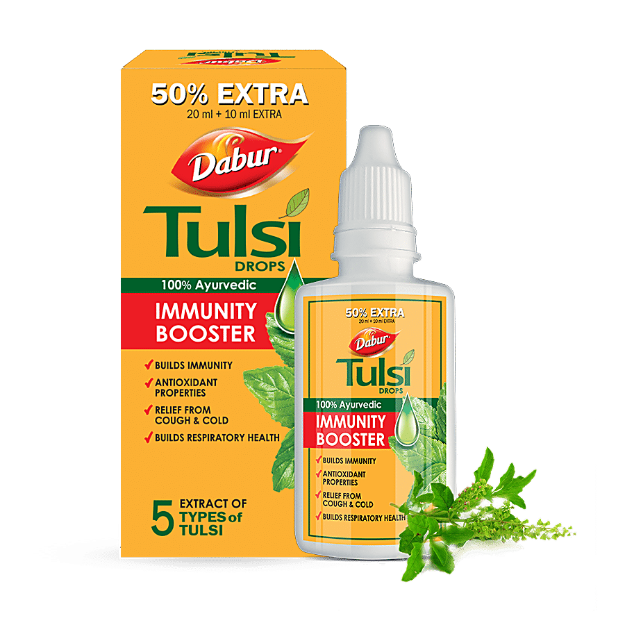 Dabur Tulsi Drops, 100% Ayurvedic Immunity Booster, Cough & Cold Relief, 5 Tulsi Extracts, 30 Ml