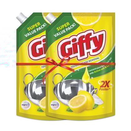 Giffy Lemon & Active Salt Dishwash Liquid Gel Refill, Faster Tough Grease Removal, Utensils Cleaning Dish Wash Liquid, 900Ml (Pack Of 2)