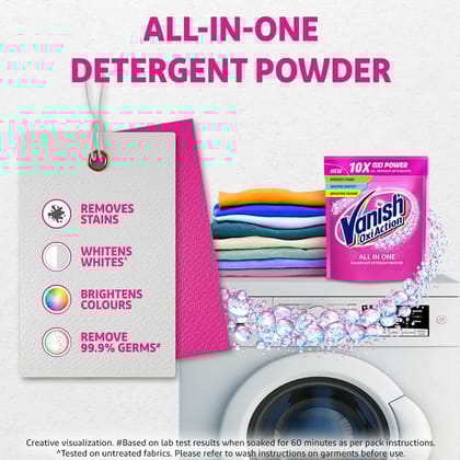 Vanish All In One Powder Detergent Booster, Stain Remover For Clothes, Whitens Whites Brightens Colours, 100 G