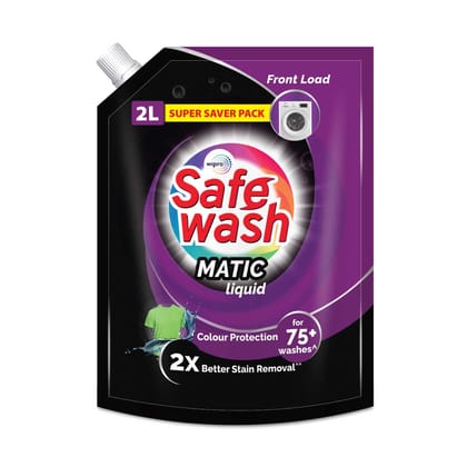 Safewash Front Load Matic Premium Liquid Detergent With Colour, Protect Technology, 2X Stain Removal, For All Types Of Fabrics, 2L Refill Pouch