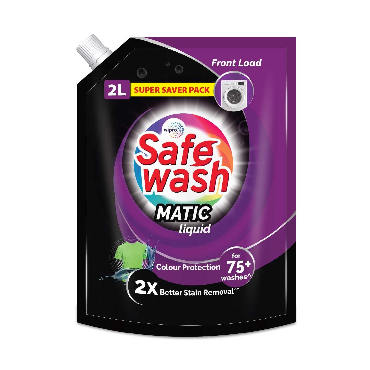 Safewash Front Load Matic Premium Liquid Detergent With Colour, Protect Technology, 2X Stain Removal, For All Types Of Fabrics, 2L Refill Pouch