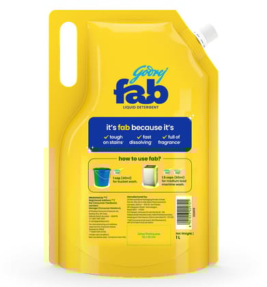 Godrej Fab Liquid Detergent Refill Pouch For Machine & Hand Wash, 1Kg