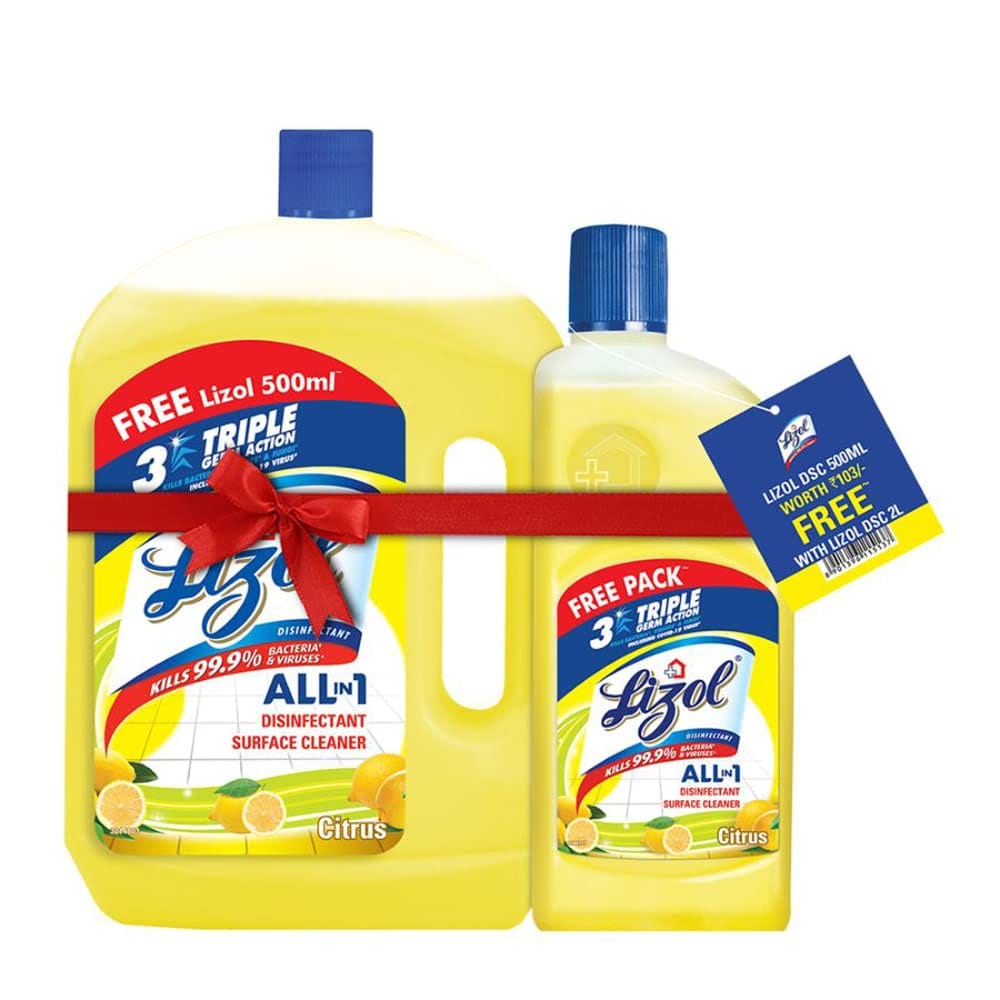 Lizol Citrus, Disinfectant Surface & Floor Cleaner Liquid, Suitable For All Floor Cleaner Mops, Kills 99.9% Germs, India's #1 Floor Cleaner, 2 Litre (Free Citrus, 500Ml)