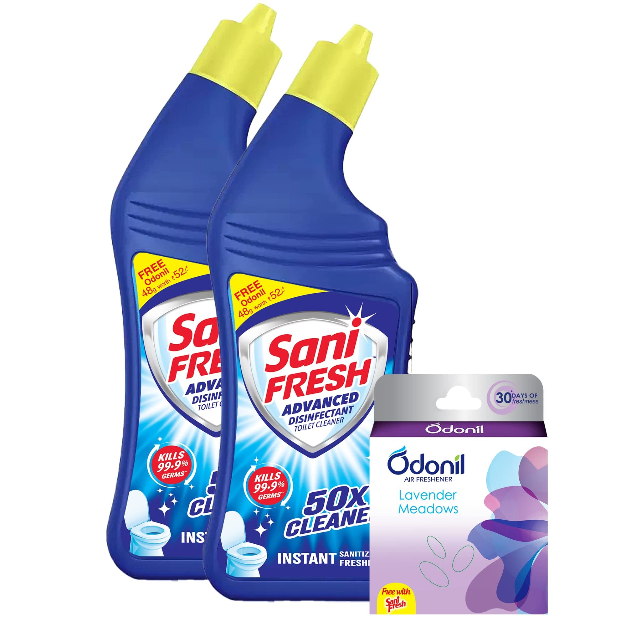 Sani Fresh Toilet Cleaner, 500Ml (Pack Of 2) With Free Odonil Air Freshner, 48G, Advanced Thicker Formula, Removes Toughest Stains, Provides Long Lasting Freshness