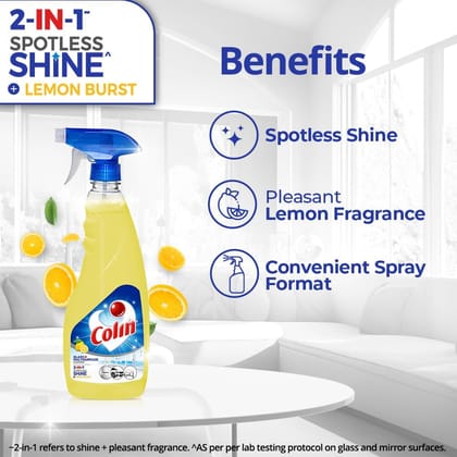 Colin Lemon Burst, 500Ml, Glass And Surface Cleaner Liquid Spray, Glass Cleaner For Car, Kitchen And Home Surfaces, New Lemon Fragrance